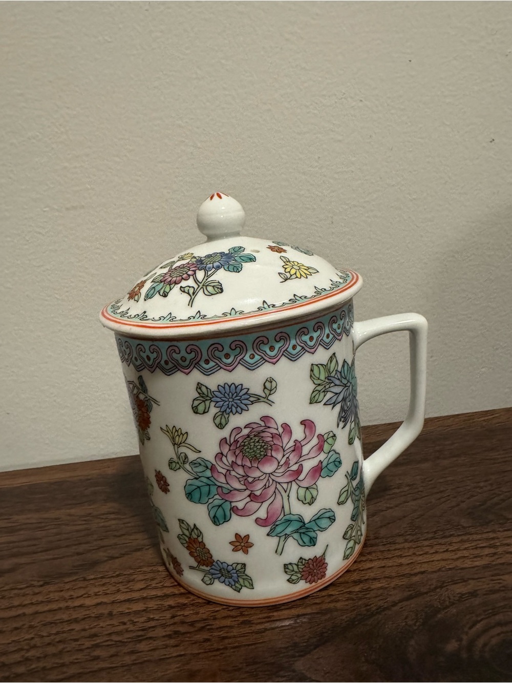 Vintage Jingdezhen Porcelain Lidded Mug Floral Chinoiserie Chinese Tea Cup/Mug
